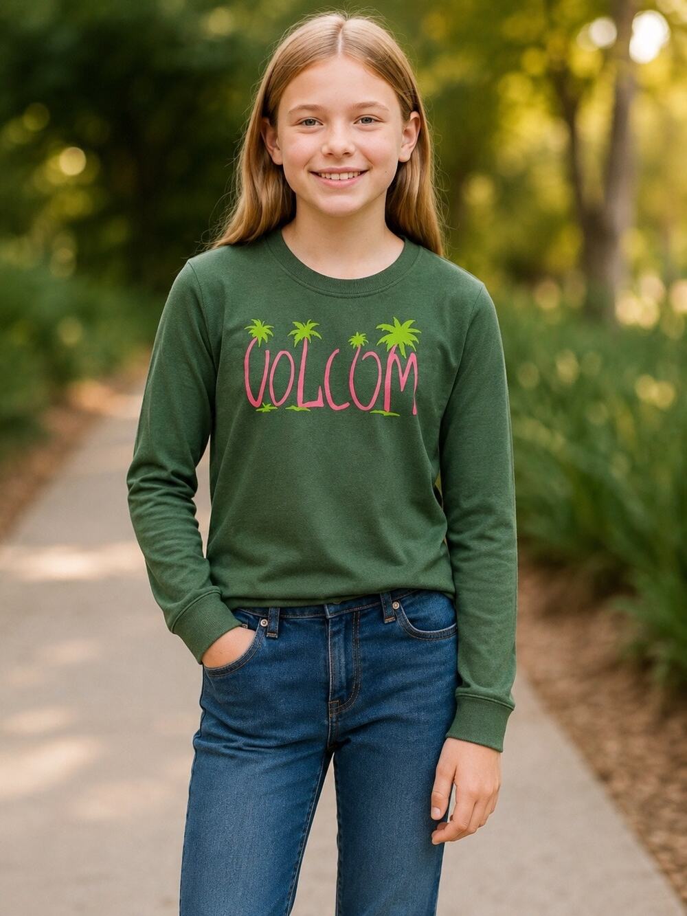 Volcom Girls Long Sleeve Graphic T Shirt XL 8 10 Green Palm Tree Logo NWT